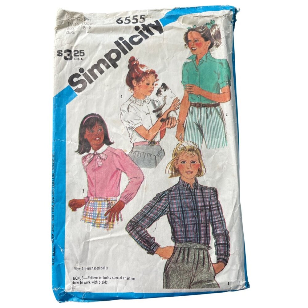 80s Simplicity 6555 Girls Blouse Sewing Pattern Sizes 7 and 8 Vintage 1984 CUT